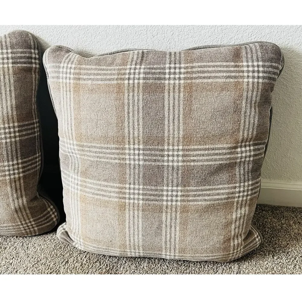 Set 2 Plaid 100% Waterfowl Feather Pillows Beige Tan Gray Grey Checkered Suede